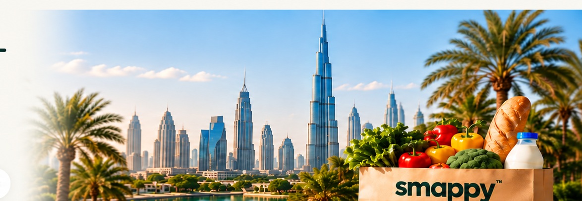 Dubai skyline and fresh groceries
